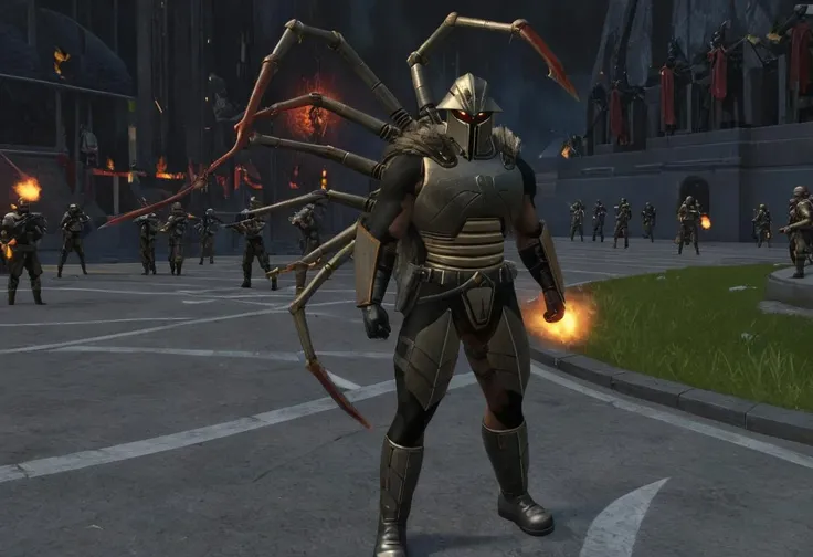(masterpiece, best quality, ultra_detailed, highres, absurdres:1.2), <lora:lord_recluse_xl_v2-000029:0.75> Lord Recluse, helmet, red glowing eyes, fur trim, metallic armor, extra arms with claws, dynamic pose, dark, futuristic, (army of soldiers in black body suit and glowing eyes:1.2), marching in a ruined city, in the style of doom \(series\), volumetric lighting, rim lighting, cinematic lighting, octane render, cgi, game character, mmorpg, next gen graphics