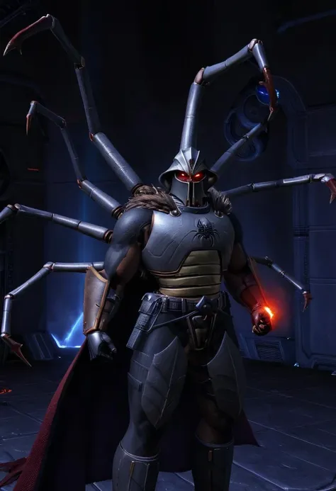 (masterpiece, best quality, ultra_detailed, highres, absurdres:1.2), <lora:lord_recluse_xl_v2-000029:0.75> Lord Recluse, helmet, red glowing eyes, fur trim, metallic armor, red energy balls around hands, extra arms with claws, dynamic pose, in the lost Deimos base, on Mars, (robotic spiders:1.4), broken cables with lightning sparks, dark, futuristic, post-apocalyptic, in the style of doom \(series\), volumetric lighting, rim lighting, cinematic lighting, octane render, cgi, game character, mmorpg, next gen graphics