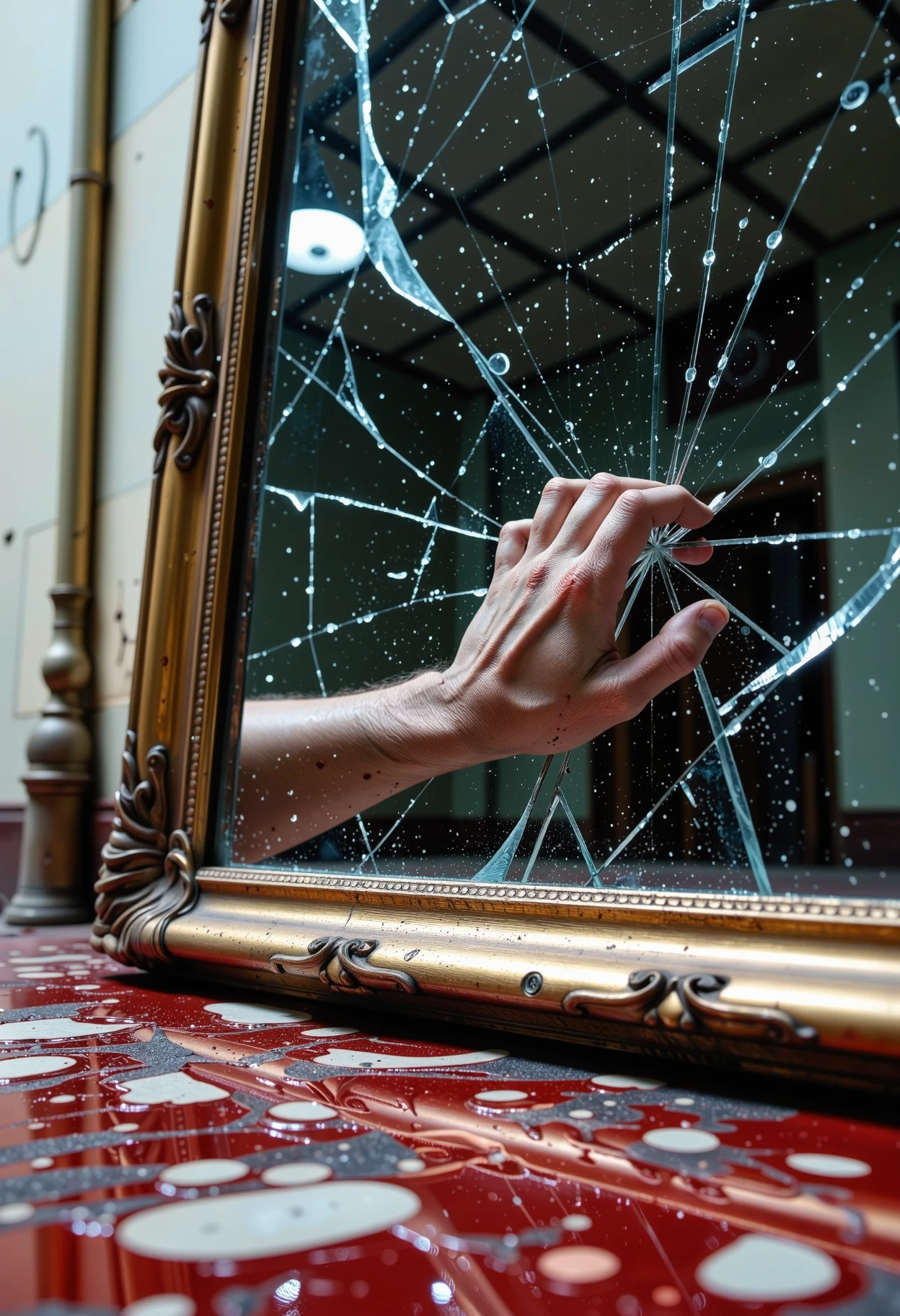 A close-up shot of a human hand drenched in blood and sweat, violently scratches at a large shattered mirror. The glass is cracked and broken, with jagged edges and shards scattered across the floor. Blood and dirty liquid (possibly water or tears) pool around the mirror's frame, creating a macabre reflection of the chaos. The hand is Drenched in blood and sweat, sharp fingernails and prominent veins. A dimly lit, abandoned space an asylum cell with peeling wallpaper, rusty pipes, and flickering overhead lights. <lora:Aura_Flux-000010> <lora:aidmaMJ6.1-FLUX-V0.2>
