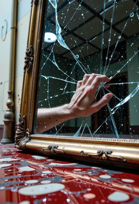 A close-up shot of a human hand drenched in blood and sweat, violently scratches at a large shattered mirror. The glass is cracked and broken, with jagged edges and shards scattered across the floor. Blood and dirty liquid (possibly water or tears) pool around the mirror's frame, creating a macabre reflection of the chaos. The hand is Drenched in blood and sweat,  sharp fingernails and prominent veins. A dimly lit, abandoned space an asylum cell with peeling wallpaper, rusty pipes, and flickering overhead lights.   <lora:Aura_Flux-000010> <lora:aidmaMJ6.1-FLUX-V0.2>