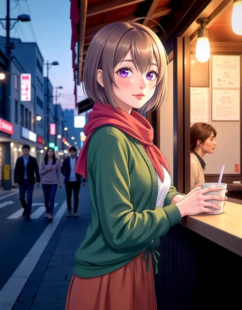 a digital illustration in an anime style, featuring a young woman with short, straight, light brown hair and large, expressive purple eyes, she has a fair complexion and a delicate, heart-shaped face with a slight blush on her cheeks, she is dressed in a loose, green jacket with a red scarf tied around her neck, giving her a casual, relaxed appearance, her outfit is complemented by an orange skirt, she stands at a counter in a bustling street cafe, holding a disposable cup with a straw, the cafe's exterior is lit up with warm, orange and yellow lights, creating a cozy, inviting atmosphere, the background shows a bustling city street at dusk, with other patrons walking by, the buildings on either side of the street are adorned with signs reading japanese characters, adding to the lively ambiance, the sky is a gradient of blue and purple, indicating either dusk or early morning, the overall mood is serene yet slightly melancholic, with a focus on the woman's gentle, introspective expression, soft lighting,Analogue Photography,Silhouette Lighting,Leica M3 Analog