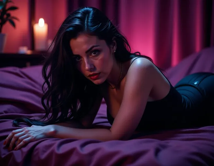 A sultry succubus with flowing midnight hair and glowing red eyes leans seductively over a dimly lit room, enveloped in deep purples and blacks, illuminated by soft, flickering candlelight.