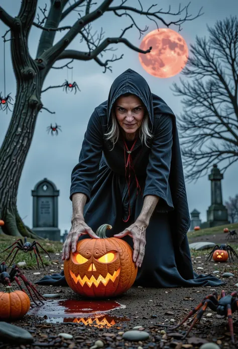 A creepy Halloween scene featuring an old, twisted hag standing in the foreground, her face contorted with malice, surrounded by thick fog. She wears a tattered black cloak, hunched over a glowing pumpkin with an eerie face carved into it. The pumpkin's glow casts unsettling shadows across her wrinkled skin. In the background, large spiders with glowing red eyes crawl through cobwebs that drape over old gravestones. Blood drips from the hag's long, bony fingers, pooling on the ground beneath her. Dark trees with twisted branches loom ominously in the distance under a blood-red moon. <lora:Aura_Flux-000010>