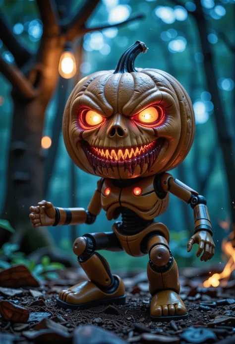 Create an unsettling image of a mutate pumpkin transformed into a cyborg. The pumpkin's once-cute face now contorts into a grotesque grin, with razor-sharp teeth and evil eyes glowing bright red in the dark. Blood drips from the corners of its mouth like tiny, crimson tears as it sneers at you. Its body is a twisted mass of wires, gears, and exposed circuitry, giving off an eerie blue glow. In the background, a dark and foreboding forest looms, with twisted tree branches reaching out like skeletal fingers to snatch unsuspecting victims. <lora:Aura_Flux-000010>