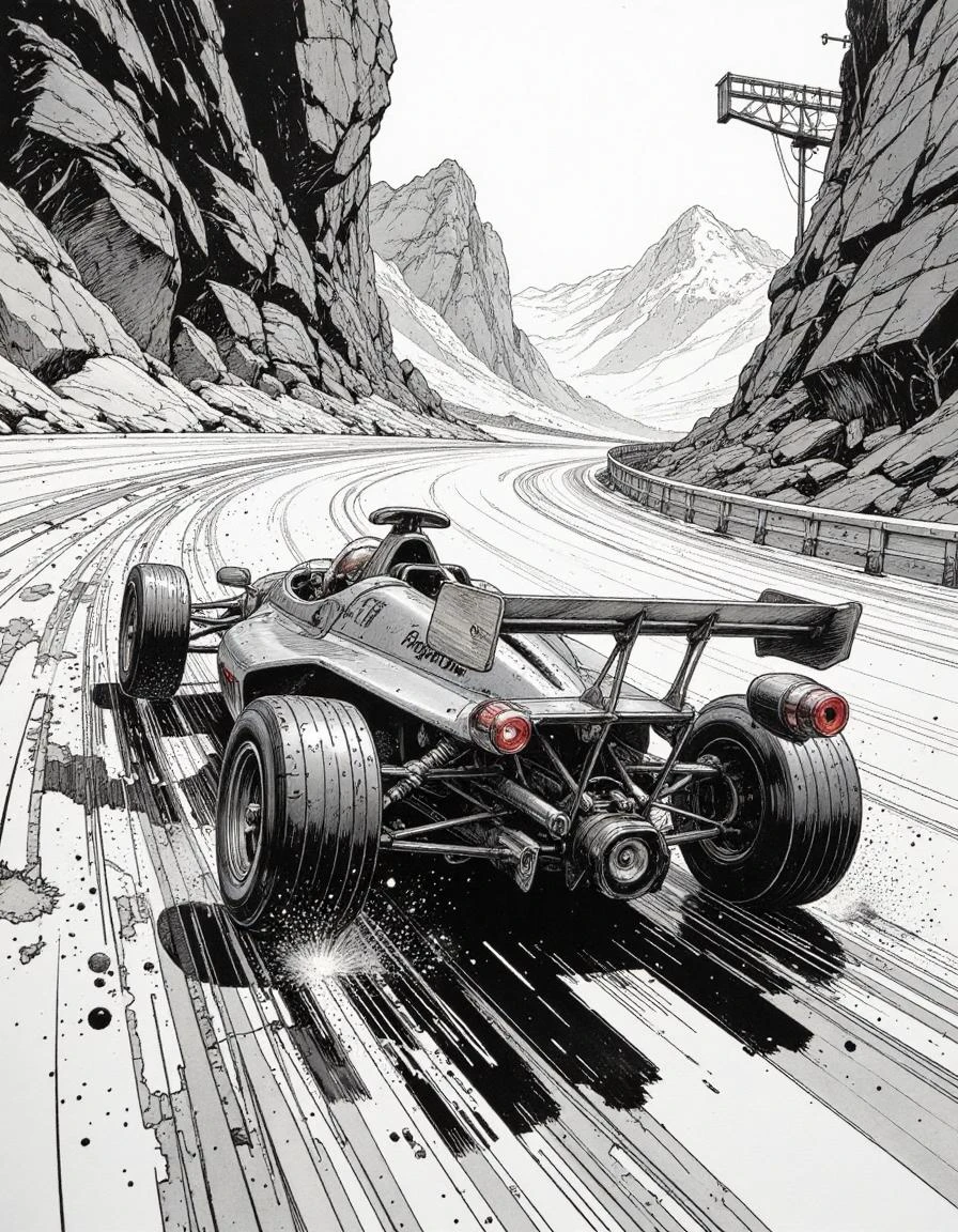 <lora:Comic book V2:1> Comic book style,Ink illustration,realistic,detailed,wide angle,a futuristic racecar speeding around a cyberpunk race course,gritty,smokey,intense,ink runs ink spots,ink splashes,faded ink,ink stains,linquivera