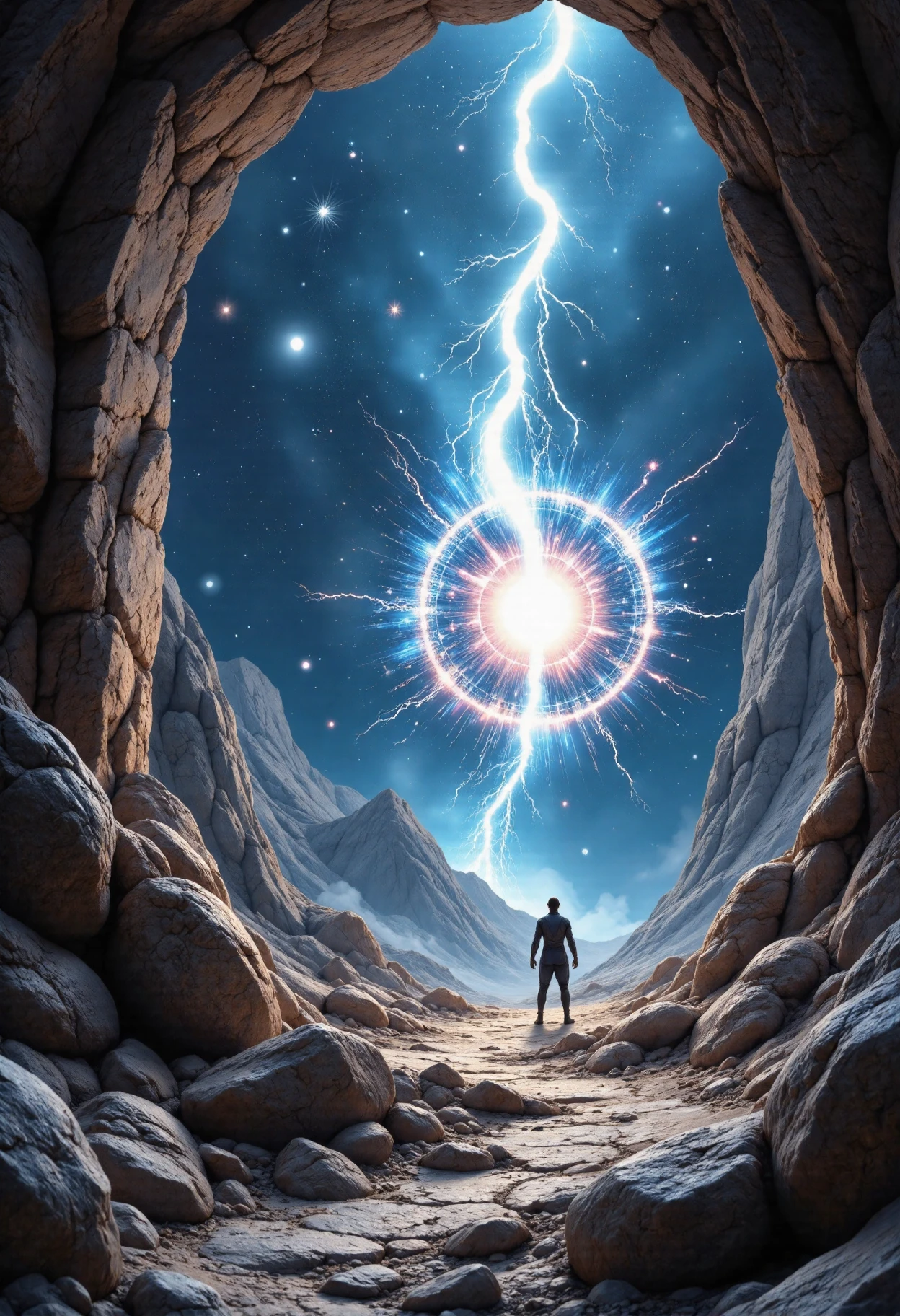 In a realm where technology meets mystique, a futuristic wonderland unfolds. Vibrant, glowing energy pulses through ancient walls, as if the very fabric of reality is alive and resonating with cosmic power. A stunning digital painting, reminiscent of Magic: The Gathering concept art, fills the caverns with breathtaking detail. Night sky and starry constellations fill the background, while intricate, elegant patterns emerge from the walls like a futuristic Maya-inspired supernova. In the style of Greg Rutkowski and Alphonse Mucha, this piece combines the elegance of Victorian-era illustration with the sci-fi majesty of Bladerunner. Utilize high-end digital painting techniques to achieve a sharp focus and smooth textures. Visualize this scene in stunning 8K resolution, allowing the viewer to immerse themselves in the highly detailed world of wonder. Balance the composition by distributing the various elements throughout the caverns, creating an immersive experience for the viewer. Position the glowing energy patterns to emphasize the connection between technology and mysticism, while allowing glimpses of the night sky to peek through the ancient walls. Infuse the atmosphere with a sense of wonder and curiosity, inviting the viewer to step into this fantastical realm and explore the intersection of science fiction and fantasy. <lora:aidmaFLUXpro1.1-FLUX-V0.1>