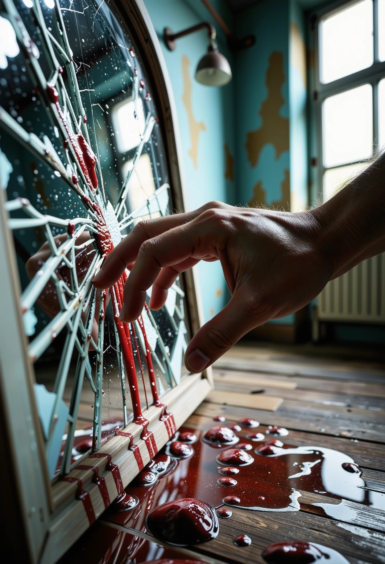 A close-up shot of a human hand, drenched in blood and sweat, violently scratches and claws at a large shattered mirror. The glass is cracked and broken, with jagged edges and shards scattered across the floor. Blood and liquid (possibly water or tears) pool around the mirror's frame, creating a macabre reflection of the chaos. The hand is Drenched in blood and sweat, with long, sharp fingernails and prominent veins. A dimly lit, abandoned space an asylum cell with peeling wallpaper, rusty pipes, and flickering overhead lights. <lora:Aura_Flux-000010> <lora:aidmaMJ6.1-FLUX-V0.2>