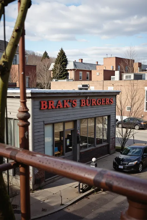 Raw photo (in color) in IMG-1018.CR2 format of an intricately detailed cropped detailed photo from a landscape photograph taken looking between trees from main street in a small town, text on sign says "Brak's Burgers", photo taken near Scranton in Pennsylvania in the late afternoon during late winter of 2035, filename SAM_1971.JPG, download file 100_1279.JPG, full resolution download SAM_2349.JPG,, [[[analog photograph]]], Canon AE-1 35mm film camera with 50mm f/1.8 lens Ilford HP5 Plus film, depth of field, infinity focus, photography by Sean Bagshaw, [[[natural flaws]]], (cold rain:0.5), muted colors, uneven, natural, in the style of dr34ms, Kodak Ektar, Kodak Portra 400, iphone photo, <describe the lighting and weather and time of day>, borderless photograph, PROKUDINGORSKII, high dynamic range
A late winter afternoon in Scranton, Pennsylvania, circa 2035. The Canon AE-1 35mm film camera captures a unique vantage point from atop a vintage fire escape, gazing down towards Brak's Burgers, its sign reading "Brak's Burgers" in bold, red neon against a weathered wooden background painted a deep, smoky grey.

The scene is bathed in the warm, golden light of late afternoon, as the sun breaks through the veil of grey clouds. The air is crisp and still, imbuing the image with an atmosphere of quiet contemplation. A hint of woodsmoke drifts across the street, carried on the gentle breeze.

In the foreground, the camera captures the intricate textures of rusted metal railings, weathered brick walls, and peeling paint, all set against a backdrop of towering tenement buildings. The leaves on the few remaining trees are a deep, rich green, their edges tinged with hints of emerald and olive.

The middleground is dominated by the faade of Brak's Burgers, its warm, earthy tones providing a striking contrast to the cool, muted hues of the surrounding buildings and sky. A few parked bicycles line the street, their sleek frames gleaming in the soft light.

In the background, the rooftops of Main Street loom, a patchwork of slate, tar, and tin, punctuated by the occasional chimney or antenna. The sky above is a deep, foreboding grey, with wispy clouds streaked across it like brushstrokes on a canvas.

The camera angle is slightly low and skewed, as if the photographer (Sean Bagshaw) has climbed up the fire escape to capture the unique perspective of looking down onto the bustling street below. This perspective adds a sense of depth and intimacy to the image, drawing the viewer's eye into the heart of Scranton's historic district.,