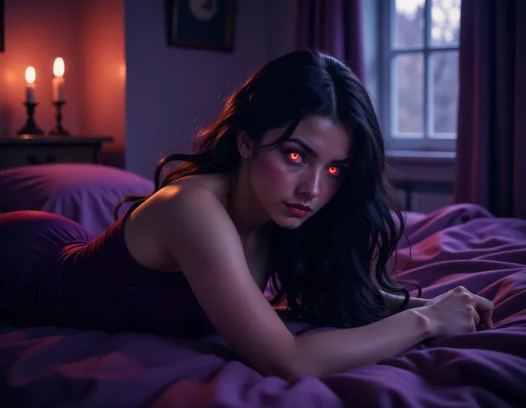 A sultry succubus with flowing midnight hair and glowing red eyes leans seductively over a dimly lit room, enveloped in deep purples and blacks, illuminated by soft, flickering candlelight.