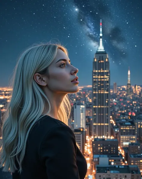 Botanical artwork of a In the heart of a bustling city, a woman with long white hair and piercing copper eyes gazes out at the skyline. Her lips are closed, and her mouth is filled with mist and tears. Stars in the sky, Romantic, dramatic lighting, atmospheric perspective