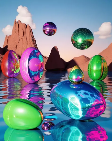 A surreal, retro-futuristic digital artwork inspired by early CGI from the 1980s-90s, featuring a dreamlike, vibrant color palette with neon accents and a slightly pixelated, low-poly texture. The scene combines simple geometric shapes, metallic surfaces, and reflective textures, with stylized lighting that casts soft, glowing highlights. The overall tone is nostalgic and whimsical, capturing a sense of digital surrealism with floating, fantastical elements and a sci-fi aesthetic reminiscent of classic computer graphics. The colors are vivid, including electric blues, neon pinks, purples, and greens, with shadows and reflections that give a slightly jagged, imperfect quality typical of early 3D rendering. The background often has soft gradients, evoking a peaceful yet otherworldly atmosphere. Cosplay Photograph, Ugly (Elemental stones:1.3) , smooth, water, at Twilight, Wide view, Joyful, HDR, Nikon d3300, F/2.8, Provia, Decoupage, science fiction