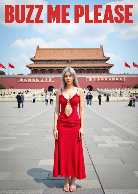 (text "Buzz Me Please" in sky:2.8),sidelight,
1girl narrow waist silver hair and red long dress,silver high heels,
<lora:A_sexy_dress_FLUX:0.7>,
<lora:Long_exposure_photography_FLUX-000023:0.8>,Long_exposure_photography,In the style of a Soviet propaganda poster,she is in the center of the picture,she is in Tiananmen Square,the background is the Tiananmen Gate Tower in Beijing,China,red flags are waving,red clouds are all over the sky,and the bright sunshine is shining on her face,,summer,