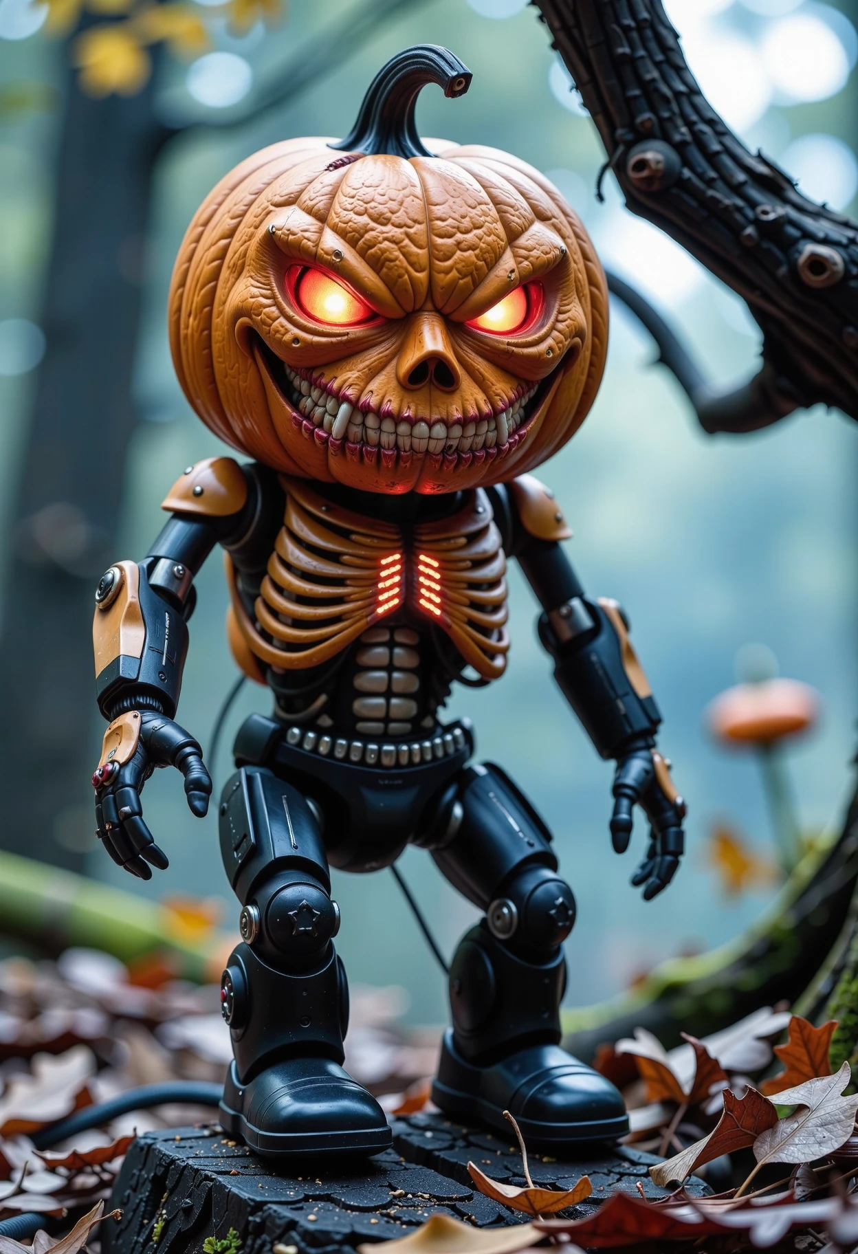 Create an unsettling image of a mutate pumpkin transformed into a cyborg. The pumpkin's once-cute face now contorts into a grotesque grin, with razor-sharp teeth and evil eyes glowing bright red in the dark. Blood drips from the corners of its mouth like tiny, crimson tears as it sneers at you. Its body is a twisted mass of wires, gears, and exposed circuitry, giving off an eerie blue glow. In the background, a dark and foreboding forest looms, with twisted tree branches reaching out like skeletal fingers to snatch unsuspecting victims. <lora:Aura_Flux-000010>