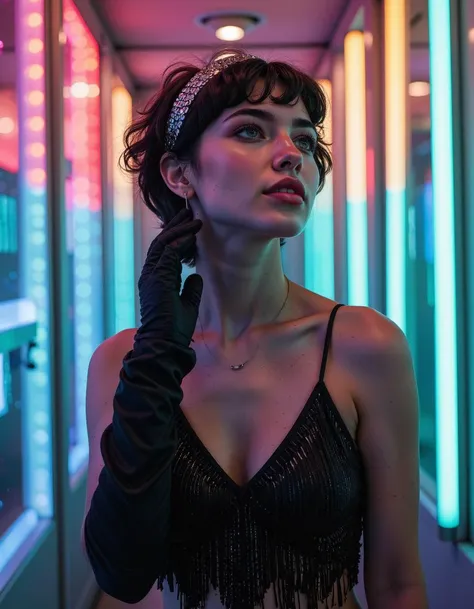 a expressive woman,Short curly hair,Jet black,dressed in a sequined headband with a fringe dress and long gloves,looking up,in a parallel universe,Neon Light