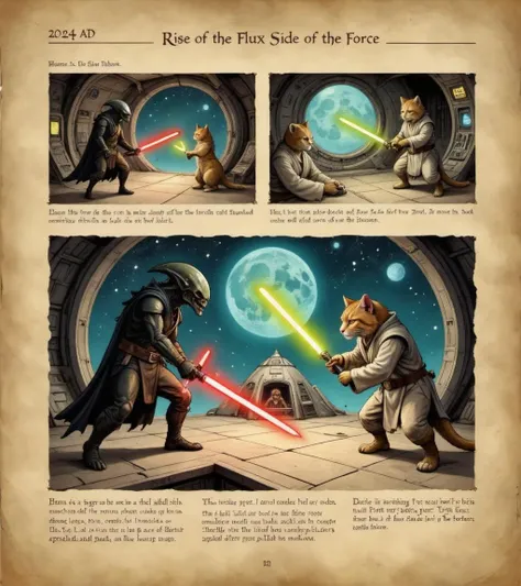 illustration on parchment, medieval style, depicts group of pictures a breathtaking lightsaber duel between alien xenomorph in pirate attire and a furry cat in jedi attire in the spaceship, the xenomorph has a red lightsaber, the cat holding yellow one, the title above is wrItten as "2024 AD - RISE OF THE FLUX SIDE OF THE FORCE", (detailed text:1.4) <lora:Eldritch_Parchment_Art_for_Flux_1.2.1:1>