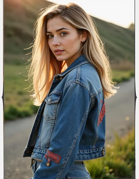 a Gorgeous woman,Fiery hair,Light blond hair,dressed in a denim jacket with patchwork details and flare jeans,over the shoulder shot,Toujinbou,(detailed masterpiece intricate details award winning lots of details),Polaroid,waning light