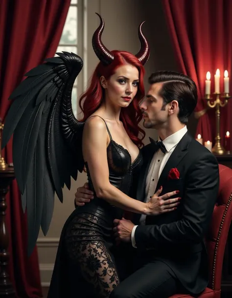 A sultry succubus with flowing crimson hair and shimmering black wings leans over a charming man in a dimly lit room, adorned with velvet drapes and flickering candlelight, exuding an enchanting aura.