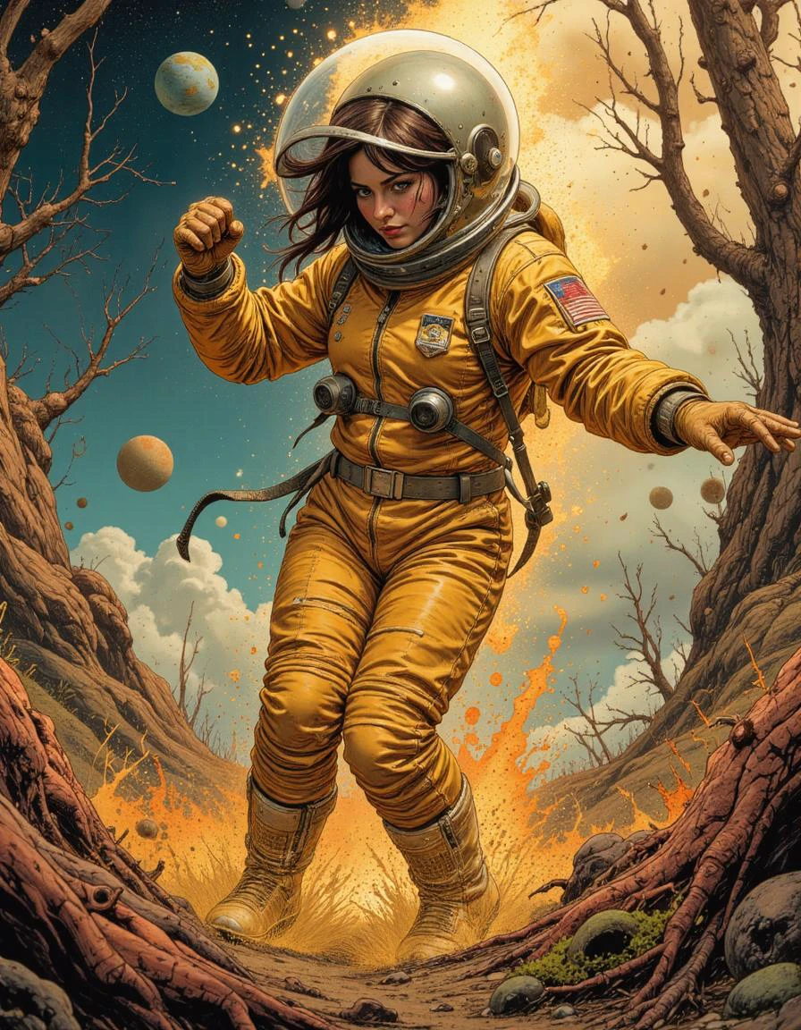 <lora:Comic book V2:1> Comic book style,insanely detailed procedural render expressive dynamic fluid action scene of honey mycelium field spacesuit protects the dancing coolest girl from doom as the planet they orbit sends spores surround her, photorealism, sharp focus, award winning, tristan eaton, victo ngai,, maxfield parrish, artgerm, ryden, intricate details, portrait, bokeh