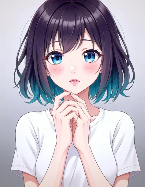 a digital illustration in an anime style, featuring a young woman with a delicate, youthful appearance, she has large, expressive blue eyes with long, thick eyelashes and a slight blush on her cheeks, giving her a shy or embarrassed expression, her lips are slightly parted, and her hands are clasped together in front of her face, with her palms facing each other, her skin is fair, with a smooth texture, and she has short, wavy hair that transitions from dark purple at the roots to a vibrant teal at the tips, the hair is slightly tousled, with some strands appearing darker than others, she wears a simple, white, short-sleeved t-shirt that appears to be made of a soft, textured fabric, the background is a gradient of light to dark grey, ensuring that the focus remains on the subject, the illustration is highly detailed, with smooth shading and highlights that accentuate the texture of her hair and skin, giving it a realistic yet stylized appearance, the overall mood is one of introspection or surprise, with the subject's expression conveying a sense of vulnerability and introspection, soft lighting,Analogue Photography,Silhouette Lighting,Leica M3 Analog