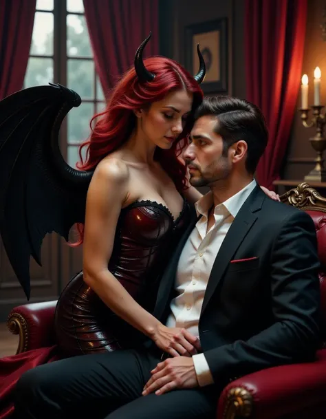 A sultry succubus with flowing crimson hair and shimmering black wings leans over a charming man in a dimly lit room, adorned with velvet drapes and flickering candlelight, exuding an enchanting aura.