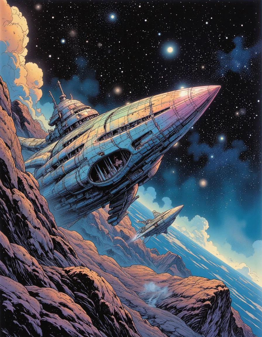 <lora:Comic book V2:1> Comic book style,A surreal,futuristic spaceship comes into view,its sleek,organic design reminiscent of a living organism. The ship is composed of iridescent,bioluminescent materials that shift and shimmer with otherworldly hues,creating a mesmerizing,ever-changing display of colors