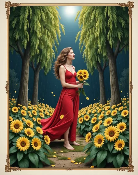 superb Illuminated manuscript, A woman with long curly hair and a flowing red dress stands in the middle of a serene garden, surrounded by a sea of vibrant Willow trees. The petals of the leaves rustle gently as she holds a delicate bouquet of sunflowers, Raining, deep focus, Flustered, spotlight, atmospheric perspective, intricate calligraphy, rich colors, detailed illustrations, gold leaf accents, ornate borders, religious, historical