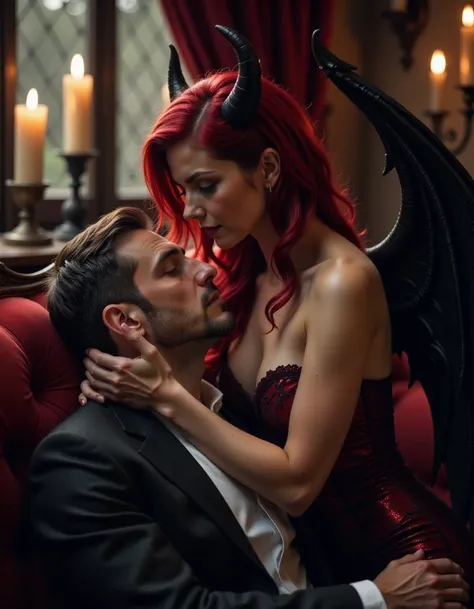 A sultry succubus with flowing crimson hair and shimmering black wings leans over a charming man in a dimly lit room, adorned with velvet drapes and flickering candlelight, exuding an enchanting aura.