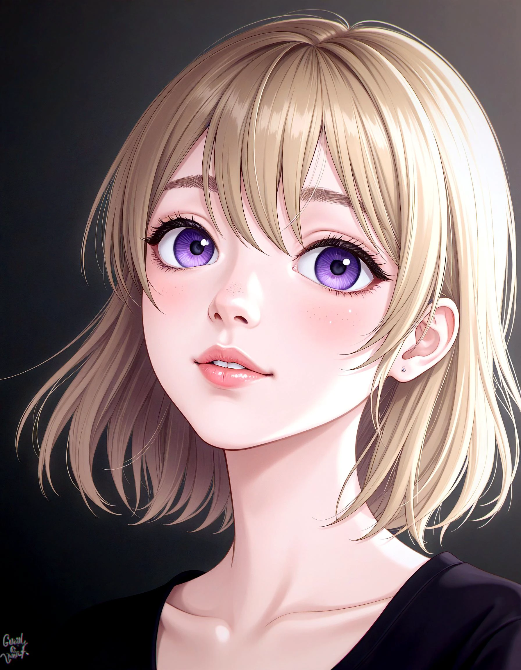 a digital illustration in an anime style, featuring a young woman with a delicate, youthful appearance, she has fair skin with a slight blush on her cheeks, giving her a youthful and innocent look, her large, expressive purple eyes are framed by thick, dark eyelashes, and her lips are slightly parted, revealing a hint of a smile, her blonde hair is shoulder-length, wavy, and slightly tousled, with a few strands framing her face, she is wearing a black top, which is visible at the bottom of the image, the background is a gradient of dark to light grey, creating a subtle contrast that highlights her features, the lighting is soft and highlights her skin, giving it a smooth and glossy texture, the overall mood of the illustration is serene and slightly melancholic, emphasizing the subject's delicate beauty and introspective expression, soft lighting,Analogue Photography,Silhouette Lighting,Leica M3 Analog