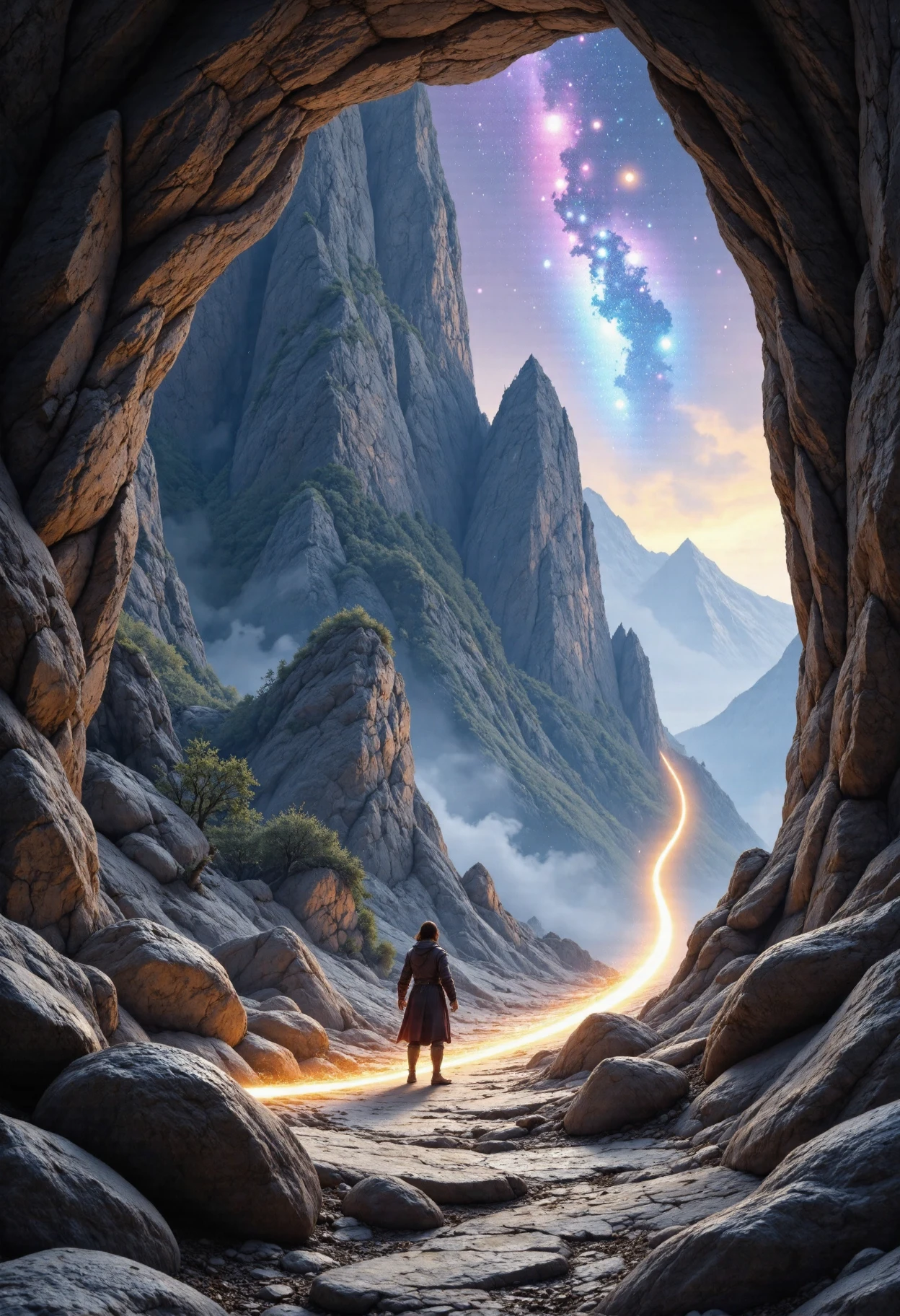 In a realm where technology meets mystique, a futuristic wonderland unfolds. Vibrant, glowing energy pulses through ancient walls, as if the very fabric of reality is alive and resonating with cosmic power. A stunning digital painting, reminiscent of Magic: The Gathering concept art, fills the caverns with breathtaking detail. Night sky and starry constellations fill the background, while intricate, elegant patterns emerge from the walls like a futuristic Maya-inspired supernova. In the style of Greg Rutkowski and Alphonse Mucha, this piece combines the elegance of Victorian-era illustration with the sci-fi majesty of Bladerunner. Utilize high-end digital painting techniques to achieve a sharp focus and smooth textures. Visualize this scene in stunning 8K resolution, allowing the viewer to immerse themselves in the highly detailed world of wonder. Balance the composition by distributing the various elements throughout the caverns, creating an immersive experience for the viewer. Position the glowing energy patterns to emphasize the connection between technology and mysticism, while allowing glimpses of the night sky to peek through the ancient walls. Infuse the atmosphere with a sense of wonder and curiosity, inviting the viewer to step into this fantastical realm and explore the intersection of science fiction and fantasy. <lora:aidmaFLUXpro1.1-FLUX-V0.1>