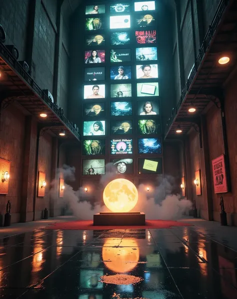 landscape of an in a dimly lit room, a towering glass wall is filled with colorful screens and posters. In the center of it all, a glowing orb hovers above the surface. The air is thick with energy as the walls are painted in shades of red, green, yellow, Realistic, Grayscale