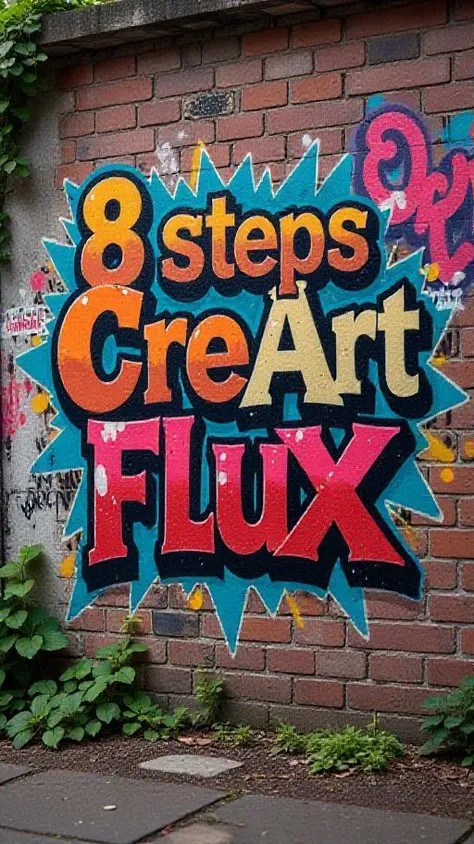 A vividly textured urban scene featuring a weathered brick wall as the main backdrop. The wall is adorned with an array of colorful, intricate graffiti art, prominently displaying the bold, stylized text "8 steps CreArt Hyper Flux" in dynamic, eye-catching lettering. Surrounding the central phrase are various artistic elements, including abstract shapes, splashes of vibrant paint, and additional smaller tags, creating a layered and lively atmosphere. The lighting is soft and diffused, casting gentle shadows that enhance the textures of the bricks and paint, while hints of urban nature, like creeping vines or small patches of moss, add a touch of life to the gritty environment. The overall mood conveys a sense of creative expression and rebellion, inviting viewers to explore the depth of street culture.