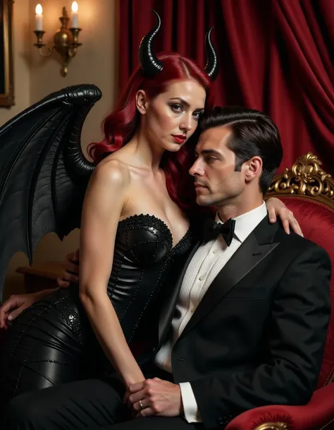 A sultry succubus with flowing crimson hair and shimmering black wings leans over a charming man in a dimly lit room, adorned with velvet drapes and flickering candlelight, exuding an enchanting aura.