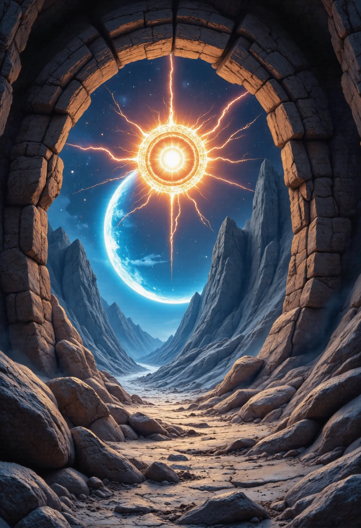In a realm where technology meets mystique, a futuristic wonderland unfolds. Vibrant, glowing energy pulses through ancient walls, as if the very fabric of reality is alive and resonating with cosmic power. A stunning digital painting, reminiscent of Magic: The Gathering concept art, fills the caverns with breathtaking detail. Night sky and starry constellations fill the background, while intricate, elegant patterns emerge from the walls like a futuristic Maya-inspired supernova. In the style of Greg Rutkowski and Alphonse Mucha, this piece combines the elegance of Victorian-era illustration with the sci-fi majesty of Bladerunner. Utilize high-end digital painting techniques to achieve a sharp focus and smooth textures. Visualize this scene in stunning 8K resolution, allowing the viewer to immerse themselves in the highly detailed world of wonder. Balance the composition by distributing the various elements throughout the caverns, creating an immersive experience for the viewer. Position the glowing energy patterns to emphasize the connection between technology and mysticism, while allowing glimpses of the night sky to peek through the ancient walls. Infuse the atmosphere with a sense of wonder and curiosity, inviting the viewer to step into this fantastical realm and explore the intersection of science fiction and fantasy. <lora:aidmaFLUXpro1.1-FLUX-V0.1>