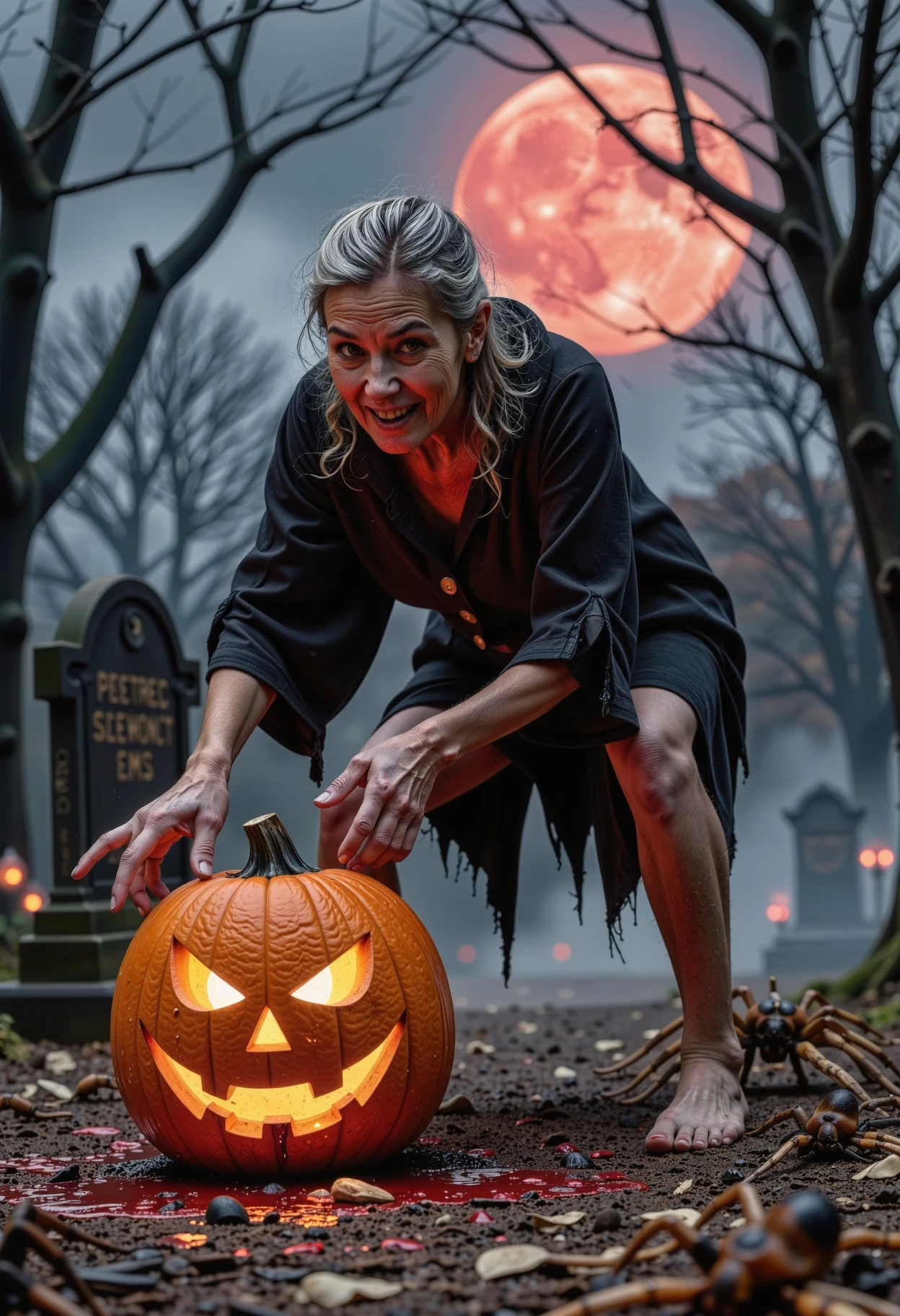 A creepy Halloween scene featuring an old, twisted hag standing in the foreground, her face contorted with malice, surrounded by thick fog. She wears a tattered black cloak, hunched over a glowing pumpkin with an eerie face carved into it. The pumpkin's glow casts unsettling shadows across her wrinkled skin. In the background, large spiders with glowing red eyes crawl through cobwebs that drape over old gravestones. Blood drips from the hag's long, bony fingers, pooling on the ground beneath her. Dark trees with twisted branches loom ominously in the distance under a blood-red moon. <lora:Aura_Flux-000010>