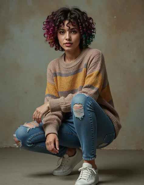 a fitness woman,Stacked Curls in Short Bob,rainbow hair,dressed in a casual oversized sweater with ripped jeans and sneakers,within the halls of eternal echoes,Overdetailed art Best quality ultra sharp intricate details Fine art,Polaroid,studio lighting