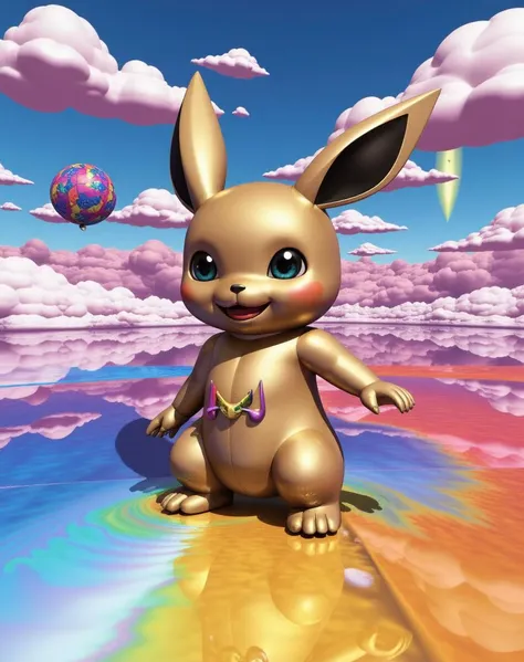 A surreal, retro-futuristic digital artwork inspired by early CGI from the 1980s-90s, featuring a dreamlike, vibrant color palette with neon accents and a slightly pixelated, low-poly texture. The scene combines simple geometric shapes, metallic surfaces, and reflective textures, with stylized lighting that casts soft, glowing highlights. The overall tone is nostalgic and whimsical, capturing a sense of digital surrealism with floating, fantastical elements and a sci-fi aesthetic reminiscent of classic computer graphics. The colors are vivid, including electric blues, neon pinks, purples, and greens, with shadows and reflections that give a slightly jagged, imperfect quality typical of early 3D rendering. The background often has soft gradients, evoking a peaceful yet otherworldly atmosphere. octane render, detailed, Epic (Female Naga:1.3) , she is feeling very happy, glinting eyes, dressed in Eevee-style robe, the Naga has a Great-eyed, Spring, modern