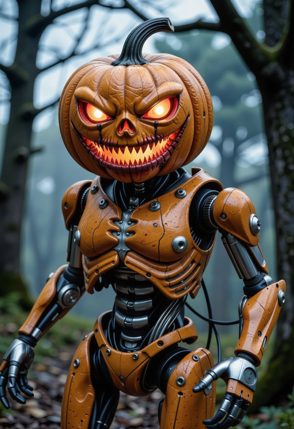 Create an unsettling image of a mutate pumpkin transformed into a cyborg. The pumpkin's once-cute face now contorts into a grotesque grin, with razor-sharp teeth and evil eyes glowing bright red in the dark. Blood drips from the corners of its mouth like tiny, crimson tears as it sneers at you. Its body is a twisted mass of wires, gears, and exposed circuitry, giving off an eerie blue glow. In the background, a dark and foreboding forest looms, with twisted tree branches reaching out like skeletal fingers to snatch unsuspecting victims. <lora:Aura_Flux-000010>