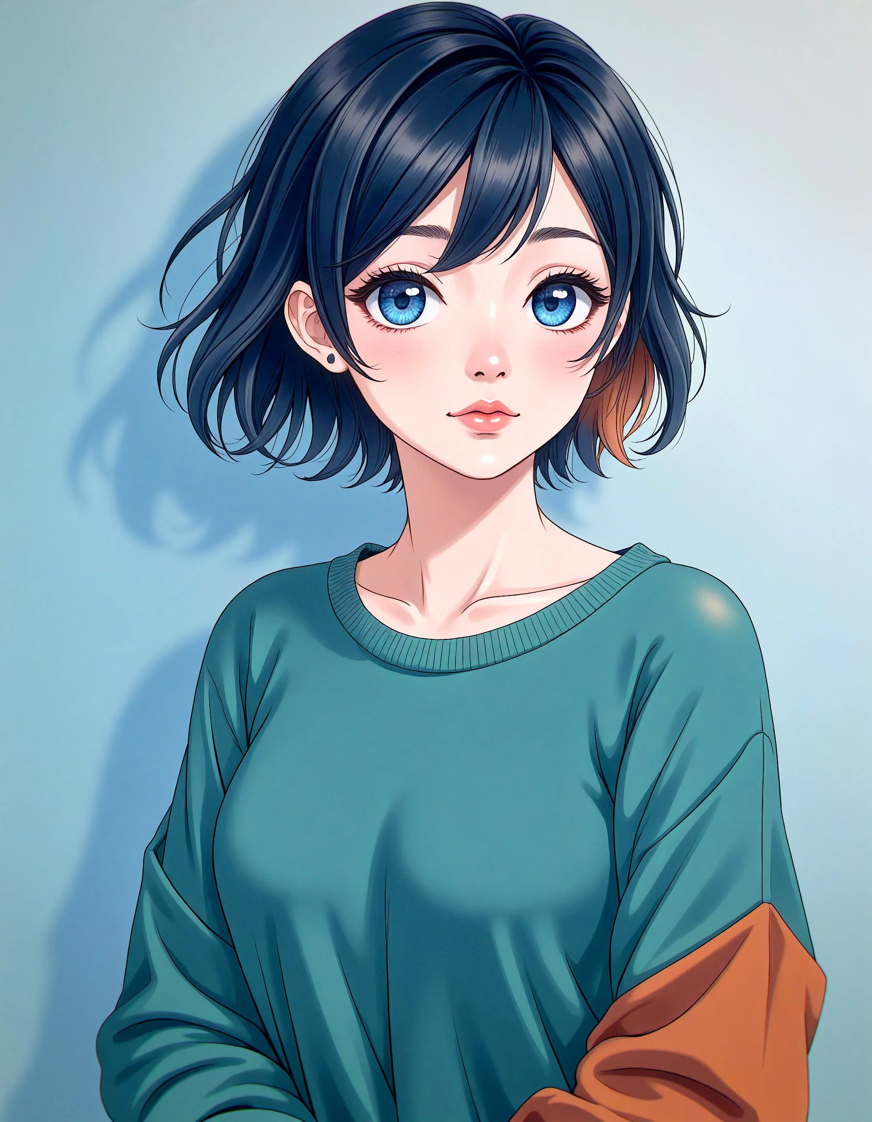 a digital illustration in an anime style, featuring a young woman with a thoughtful expression, she has large, expressive blue eyes with a slight blush on her cheeks, giving her a shy or contemplative look, her hair is short, tousled, with a mix of dark blue and orange hues, creating a vibrant and dynamic effect, the woman's skin is fair, and she wears a loose, long-sleeved, teal-green sweater with a contrasting color block on the sleeves, the sweater appears to be made of a soft, textured fabric, the background is a simple gradient of light to dark blue, ensuring that the focus remains on the subject, the overall color palette is soft and muted, with highlights of orange and blue, adding a pop of color to the otherwise monochromatic image, the illustration is highly detailed, with smooth lines and a polished finish, typical of high-quality digital art, soft lighting,Analogue Photography,Silhouette Lighting,Leica M3 Analog