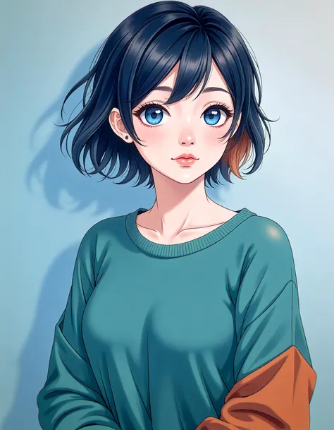 a digital illustration in an anime style, featuring a young woman with a thoughtful expression, she has large, expressive blue eyes with a slight blush on her cheeks, giving her a shy or contemplative look, her hair is short, tousled, with a mix of dark blue and orange hues, creating a vibrant and dynamic effect, the woman's skin is fair, and she wears a loose, long-sleeved, teal-green sweater with a contrasting color block on the sleeves, the sweater appears to be made of a soft, textured fabric, the background is a simple gradient of light to dark blue, ensuring that the focus remains on the subject, the overall color palette is soft and muted, with highlights of orange and blue, adding a pop of color to the otherwise monochromatic image, the illustration is highly detailed, with smooth lines and a polished finish, typical of high-quality digital art, soft lighting,Analogue Photography,Silhouette Lighting,Leica M3 Analog