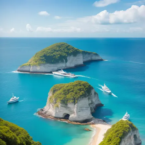 a boat is travelling on the sea, full landscape, ((three yachts)), best quality, full picture, scenery, realistic, photography