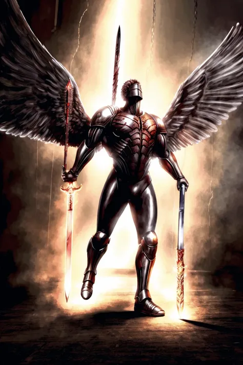 best quality, masterpiece, (photorealistic:1.4), <lora:Archangel:1> Archangel with long wings, man, stronger body, heavy armor, holding a long sword, neon, upper body, <lora:add_detail:0.5> <lora:Carnage:1> alien virus, disease, no eyes
