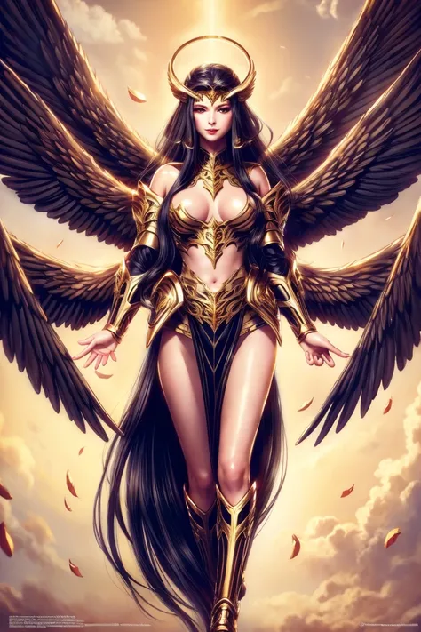 best quality, masterpiece, (photorealistic:1.4),  <lora:Archangel:1> Archangel with long wings, halo, diamond armor, 4 arms, 6 wings, gold, big boobs, sexy armor,  Black hair, Long hair, <lora:add_detail:0.5>