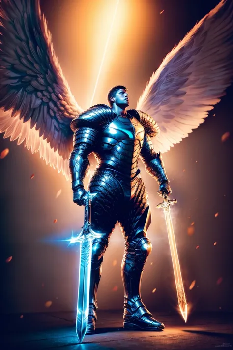 best quality, masterpiece, (photorealistic:1.4), <lora:Archangel:1> Archangel with long wings, man, stronger body, heavy armor, holding a long sword, neon, <lora:add_detail:0.5>