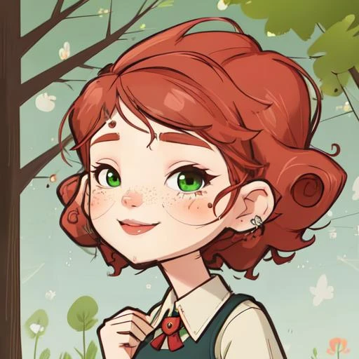 female, age 25, caucasian, pearly skin, freckles, small green eyes, high forehead, ginger wavy hair, wild hair, oval face, cute, highly detailed, sharp focus, stunningly beautiful, looking at camera, smile, sultry look, makeup, masterpiece, walking in the park, <lora:julie_west_v1-000040:1>