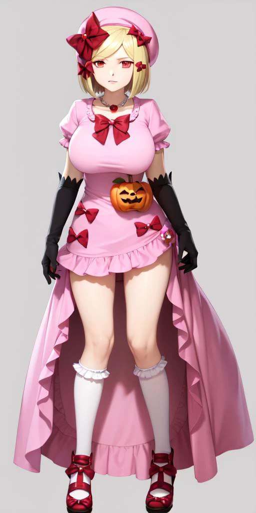 <lora:lambdadelta_v1:0.8>,aalamb, short hair, hair bow, red bow, beret, pink headwear, red eyes, necklace, frills, pink dress, jack-o'-lantern, puffy sleeves, elbow gloves, black gloves,(white background, simple background, full body:1),(gigantic breasts:1),<lora:SweaterBreasts:0.55>,seductive smile,(latex:1.5)