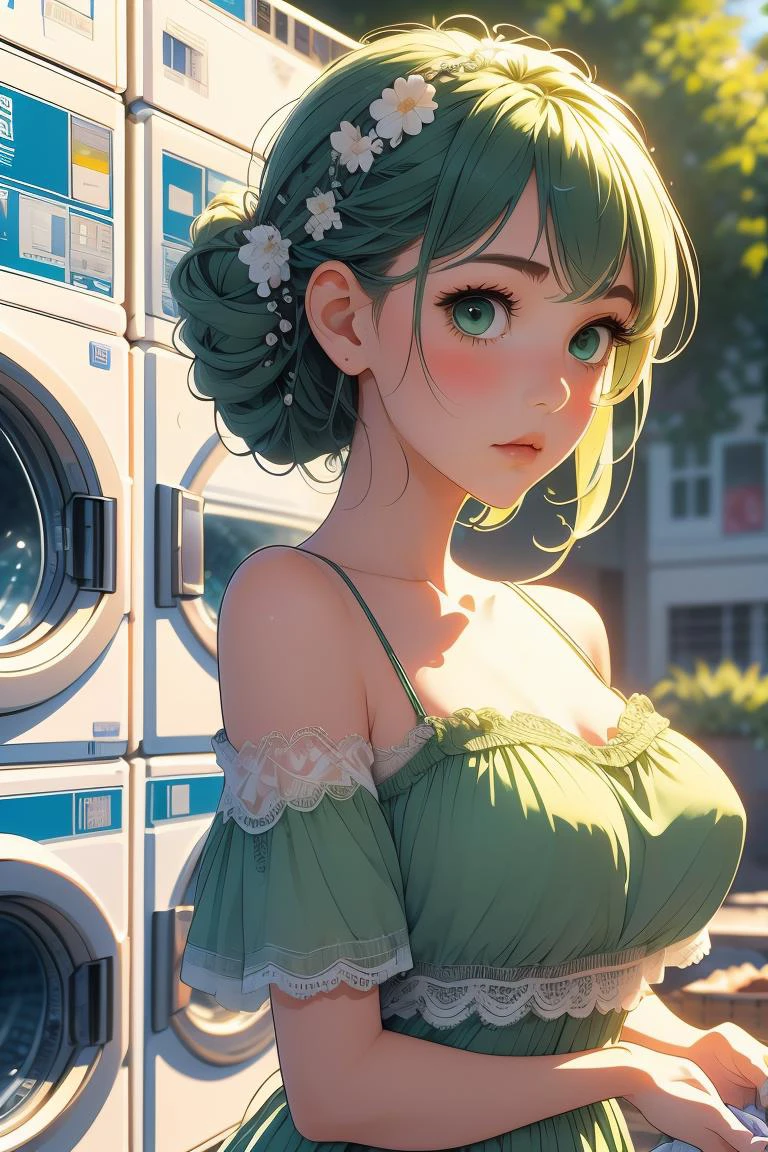 (masterpiece, best quality), 1girl, Spring green Boho Braided Updo, medium breasts, <lora:girllikelaundromat_flip:1> laundromat, washing machine, laundry basket, putting clothes, strap lace clothing, sleepy, foaming