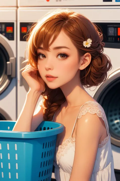 ( detailed realistic background:1),
( official art, beautiful and aesthetic:1 ),
realistic lighting,
cinematic lighting,
hyperrealism,
soothing tones,
muted colors,
high contrast,
soft light,
sharp,
artistic photoshoot,
( cute, petite ),
slender,
european,
pale cheeks,
square face shape with angular jaw,
natural "no-makeup" makeup,
small breasts,
,
ginger hair ,
lace braid hairstyle  , 
<lora:girllikelaundromat_flip:0.8> laundromat, washing machine, laundry basket, putting clothes, strap lace clothing, sleepy, foaming