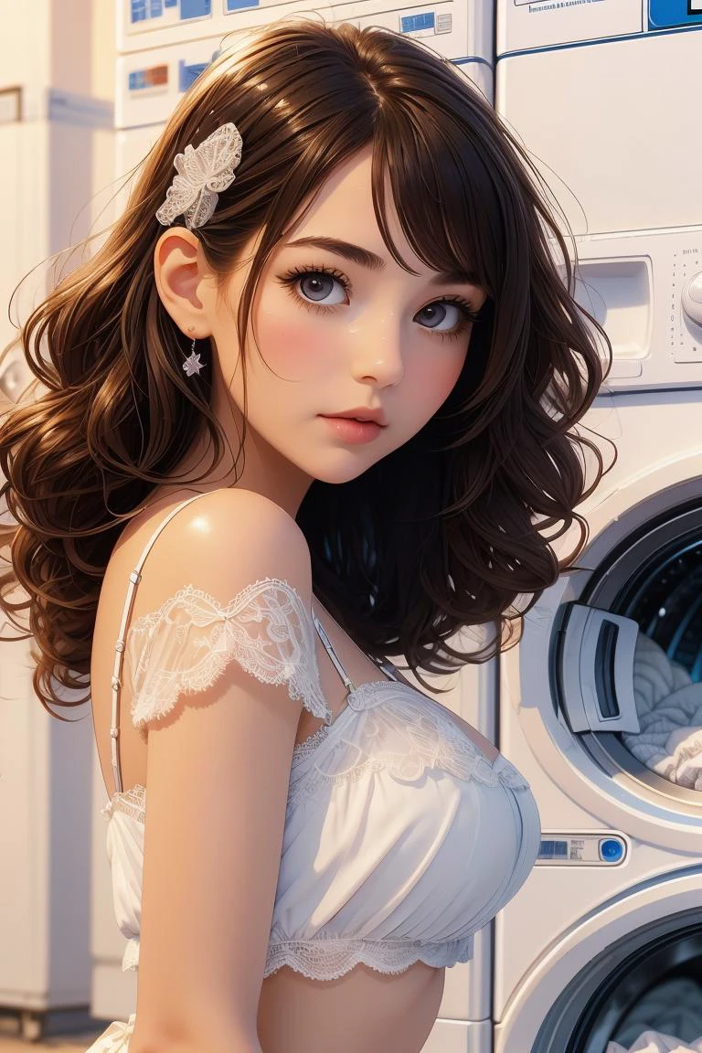 (masterpiece, best quality), 1girl, Rich Brunette Pinned-Back Curls with Gem Hair Clip, Size A breasts, <lora:girllikelaundromat_flip:1> laundromat, washing machine, laundry basket, putting clothes, strap lace clothing, sleepy, foaming