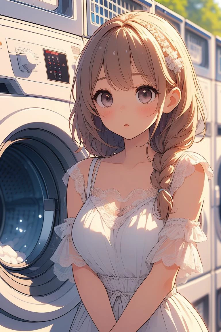(masterpiece, best quality), 1girl, Terra cotta Messy Side Braid with Baby's Breath, Size H breasts, <lora:girllikelaundromat_flip:1> laundromat, washing machine, laundry basket, putting clothes, strap lace clothing, sleepy, foaming