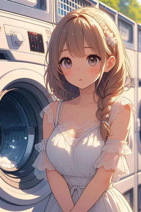 (masterpiece, best quality), 1girl,  Terra cotta Messy Side Braid with Baby's Breath, Size H breasts,   <lora:girllikelaundromat_flip:1> laundromat, washing machine, laundry basket, putting clothes, strap lace clothing, sleepy, foaming